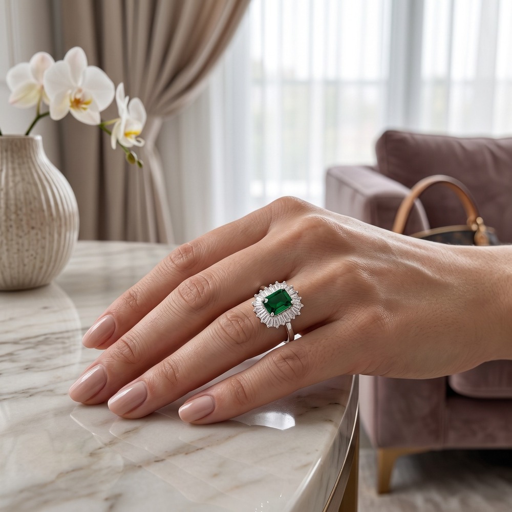 Women's Ring Size 7.5 Green Emerald Cut Halo Adjustable Cocktail Ring